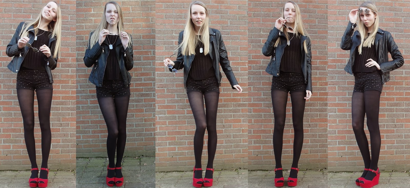 Zwarte outfit inspiratie kort broekje studs Soshin beenmode panty onder shorts rode sleehakken