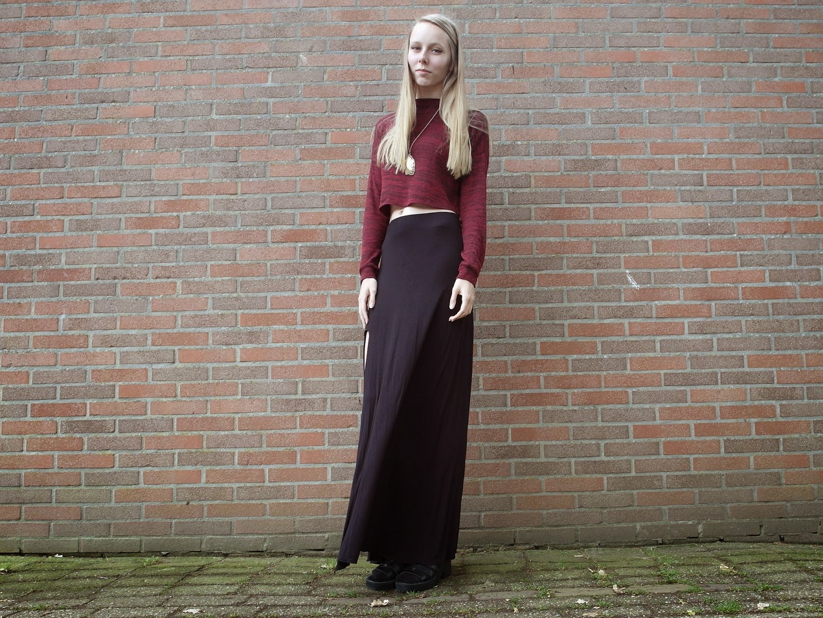 Lange rok met split maxi rok tot de grond outfit inspiratie