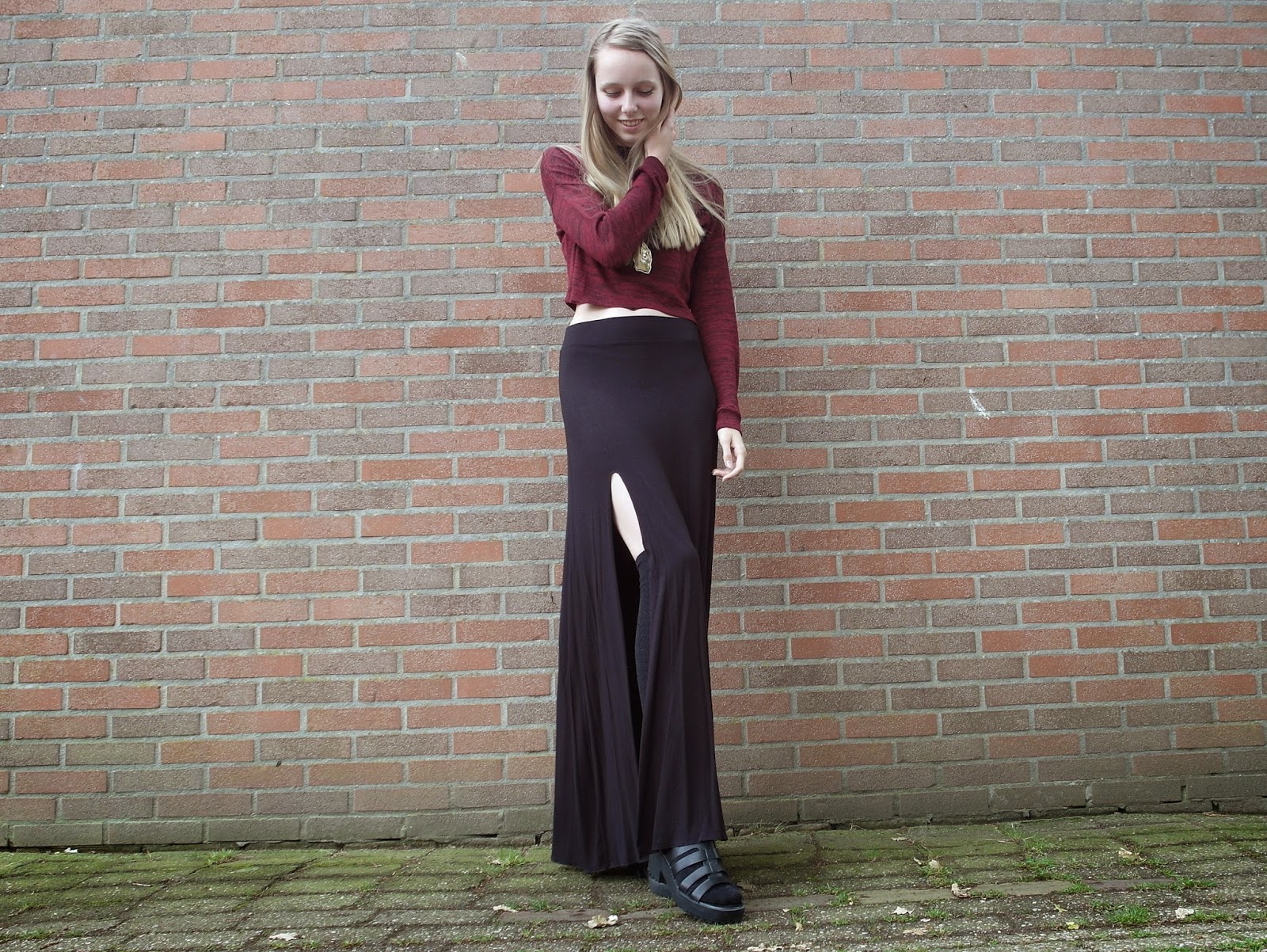 Lange rok met split maxi rok tot de grond outfit inspiratie