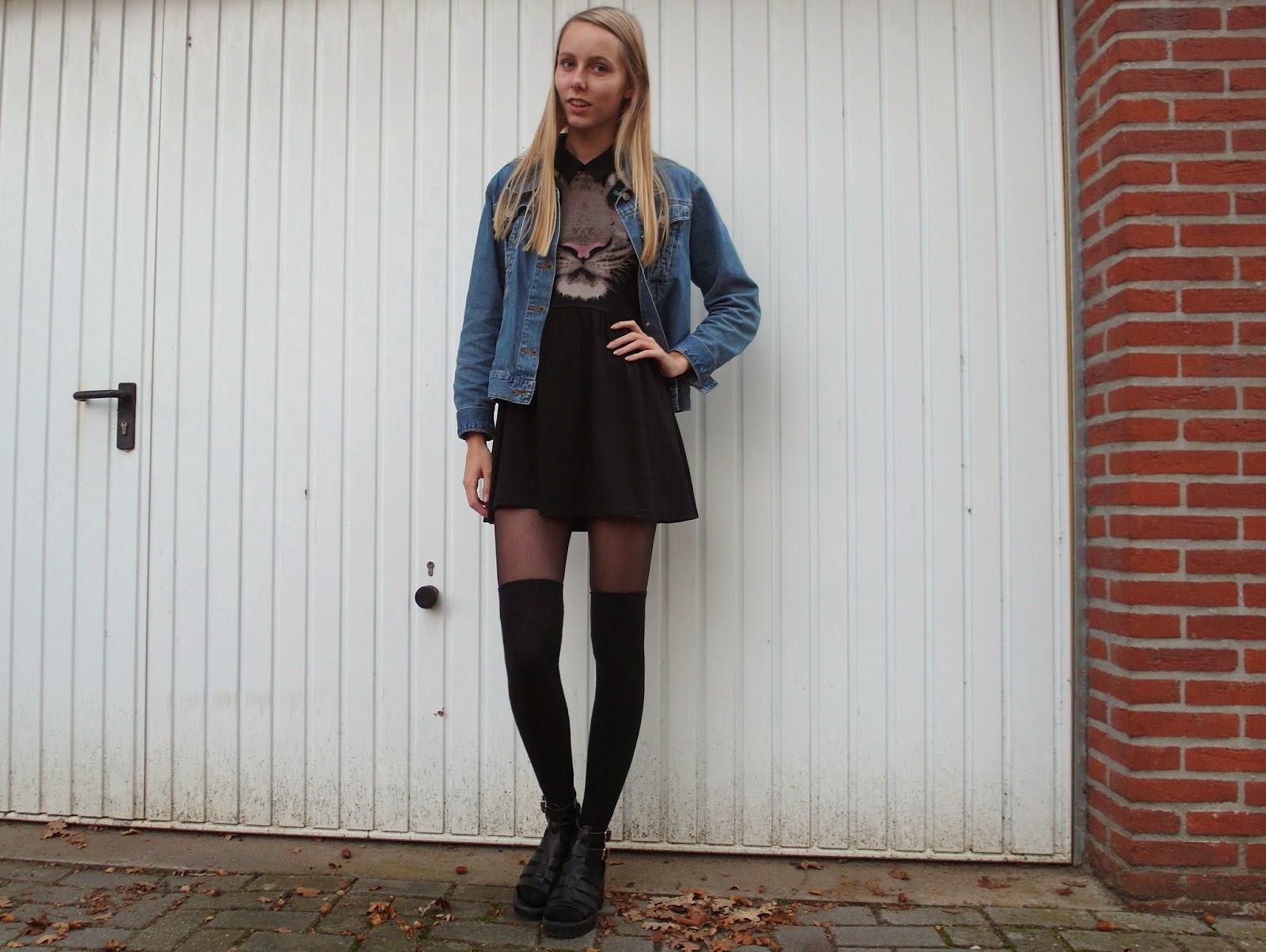 Skater jurkje met tijger tweedehands spijkerjasje vintage kleding blog overknee sokken over de knie hoge kniesokken Primark outfit