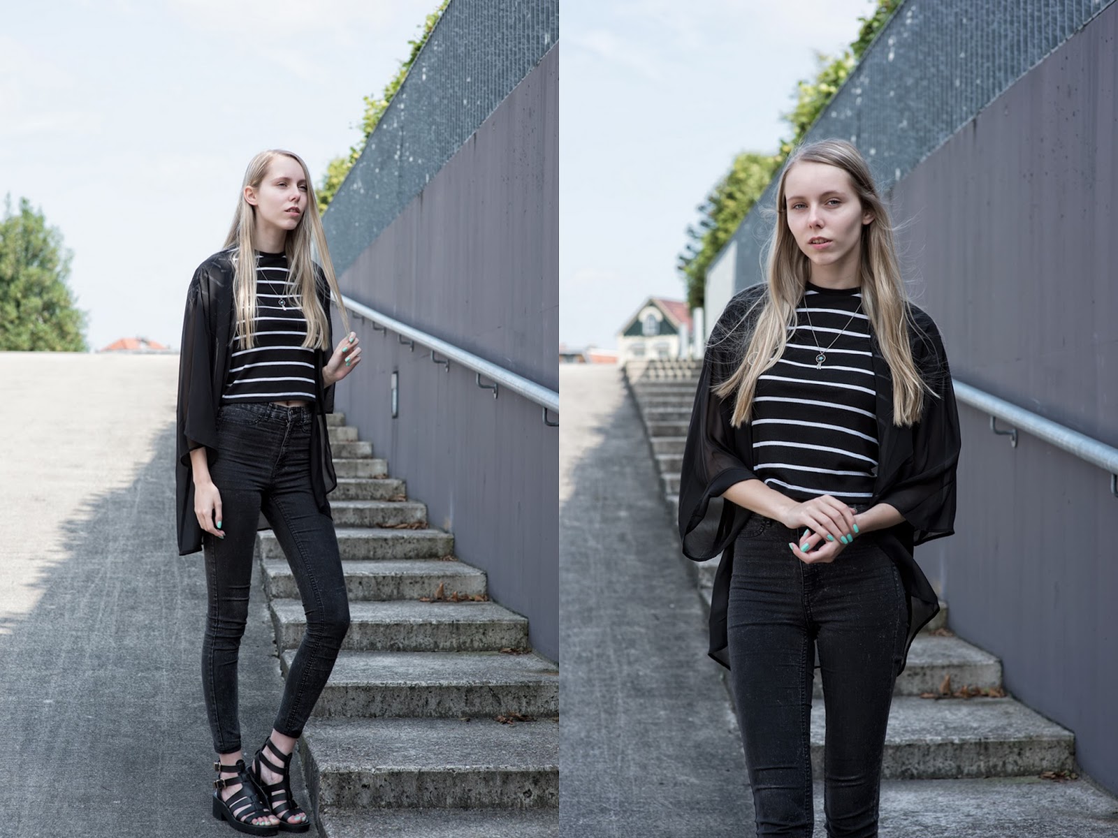 Zwarte outfit inspiratie kimono doorschijnende stof streepjes crop top zwart skinny spijkerbroek Guido de Graaf fotografie GdG foto streetstyle nederland blogger mode ketting dromenvanger