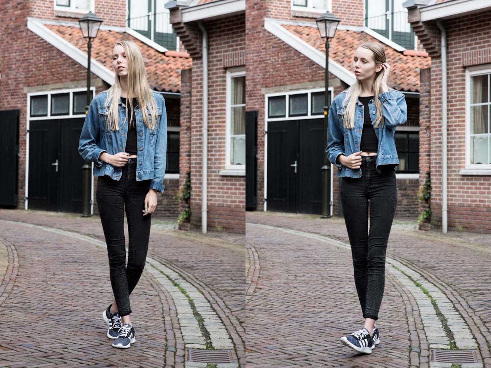 Vintage spijkerjasje tweedehands mode spijkerjack thrifting zwarte outfit inspiratie Adidas neo label sneakers met stipjes