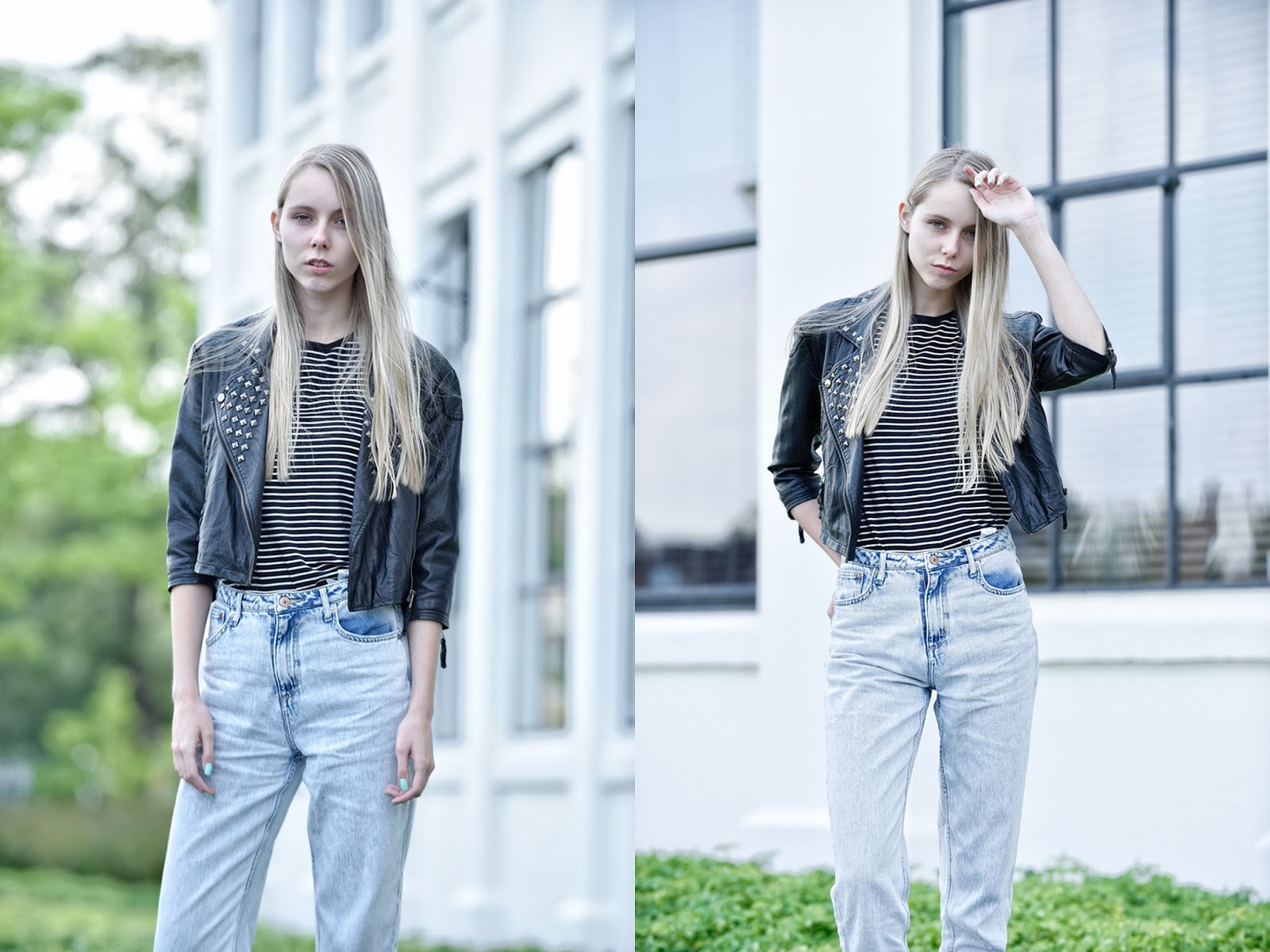 Mom jeans van H&M gebleekte spijkerbroek losse broek biker jack met studs bikerjasje chunky sandalen trend mode blogger