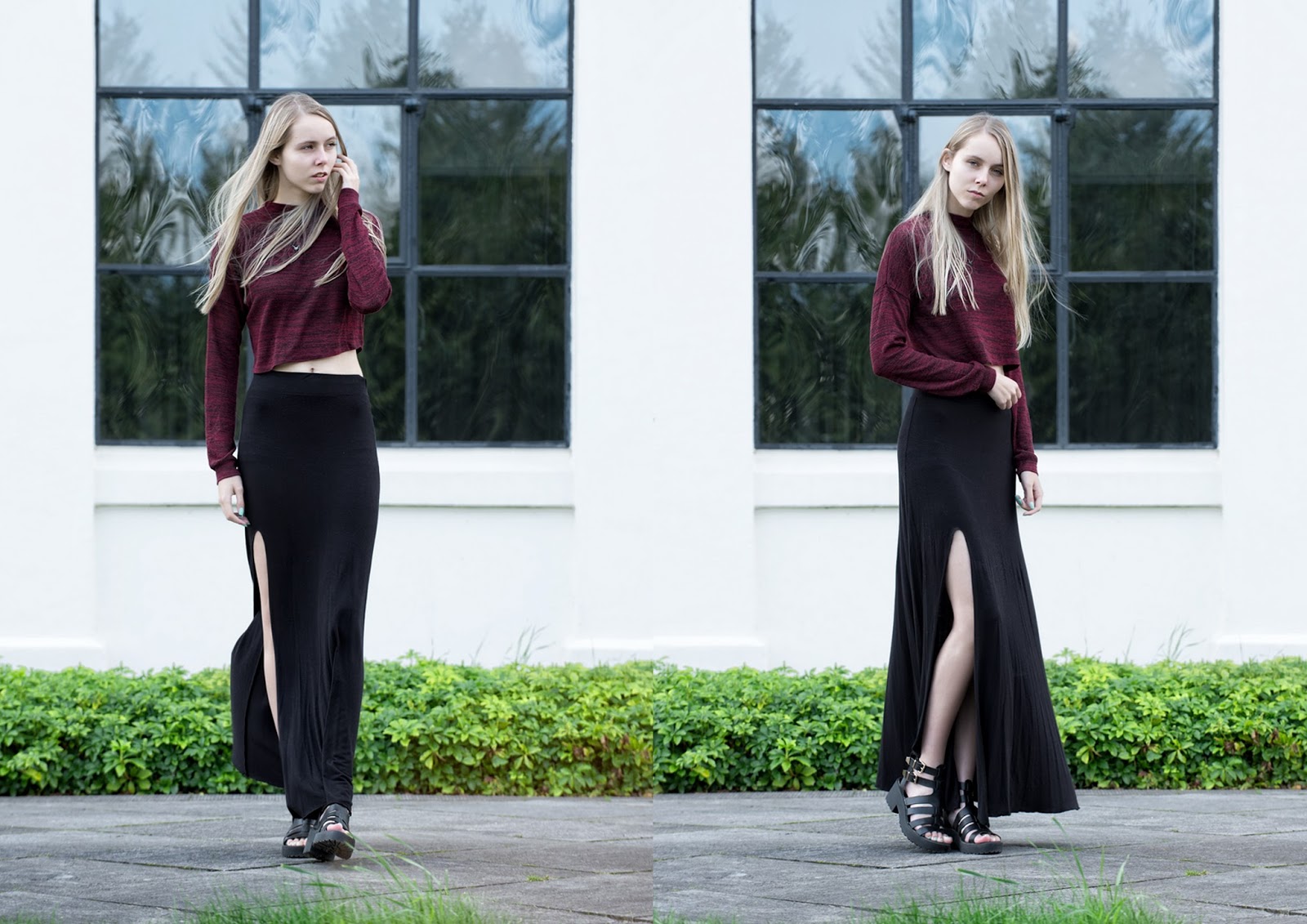 Herfst outfit inspiratie lange rok met split wijnrood truitje Nummer Zestien store ketting vosje nederlands mode blog