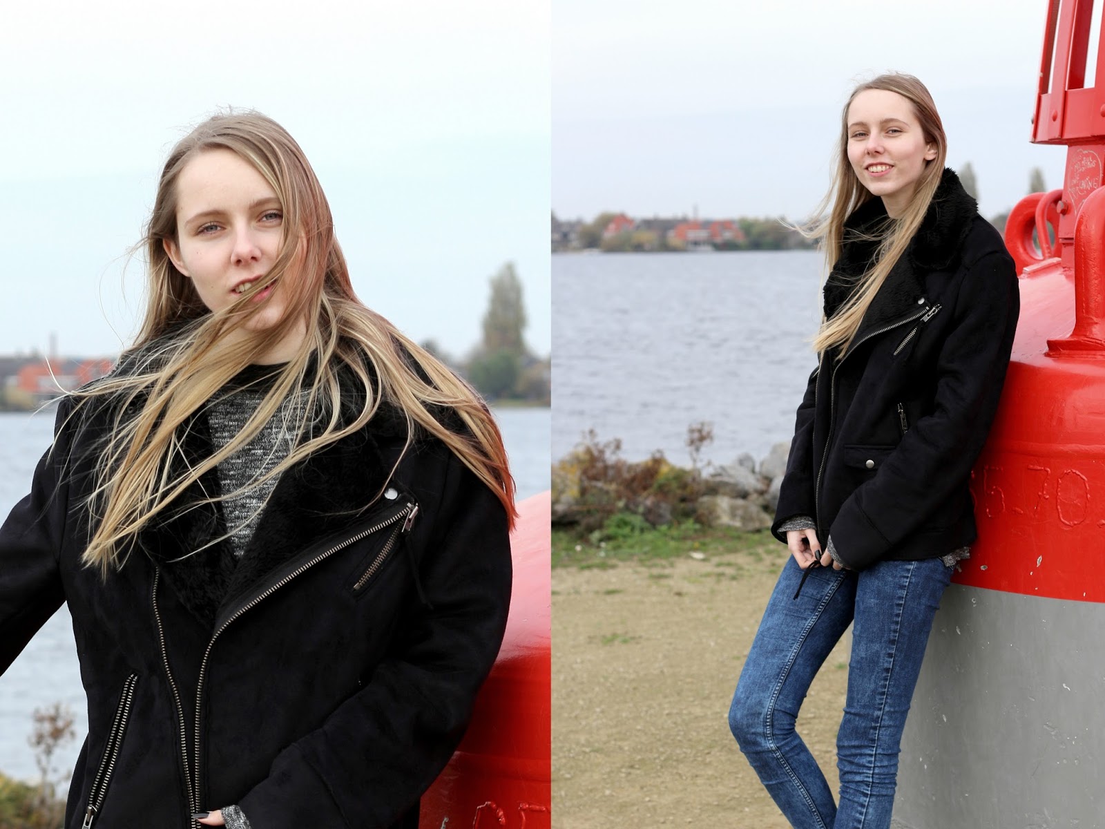 Winter fotoshoot aan zee winterjas Weekday suede jas met nepbont biker jacket bruine dr martens mode blog