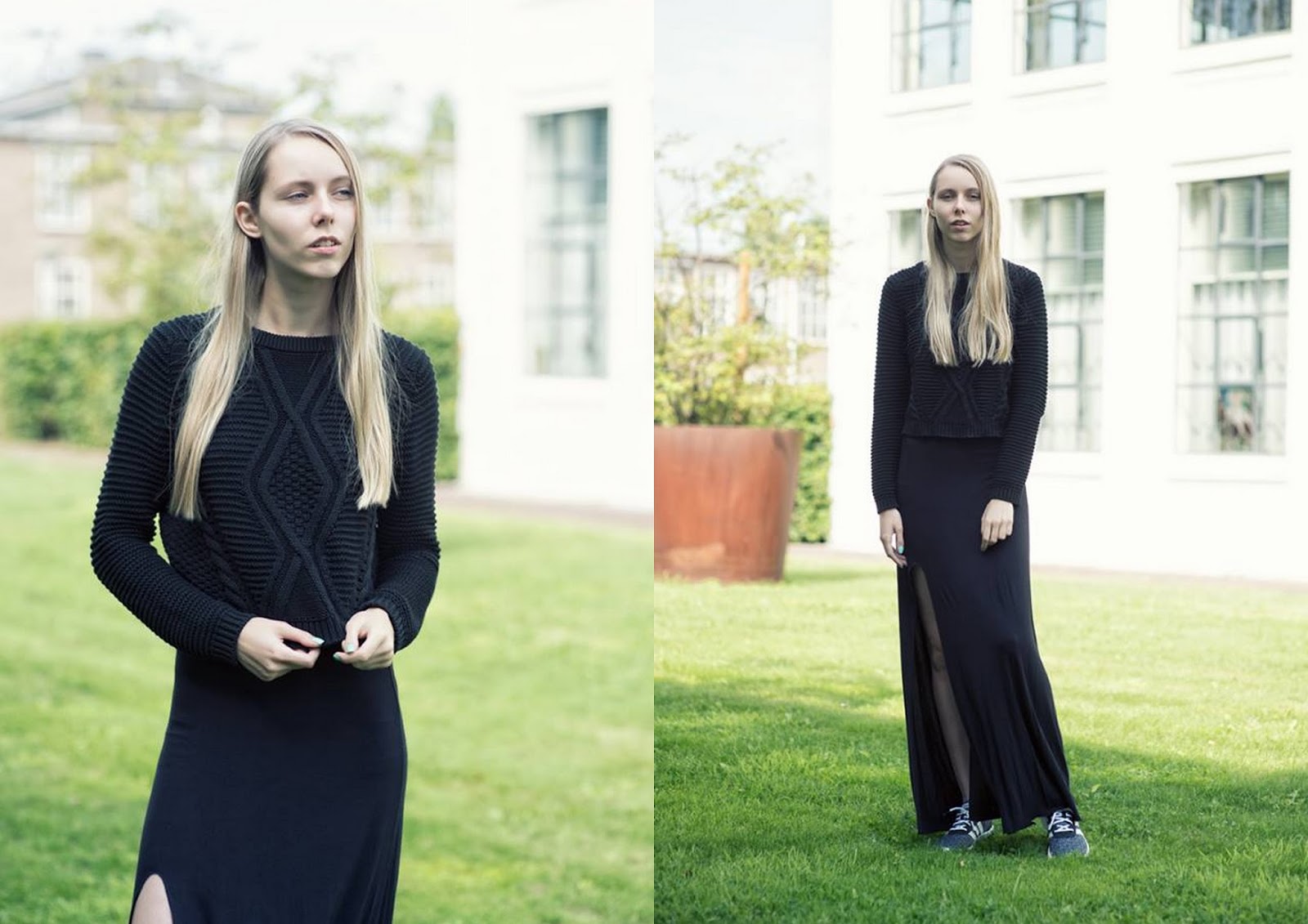 Zwarte lange rok met split gebreide trui H&M sneakers onder rokje zwart outfit inspiratie Adidas neo label sneakers