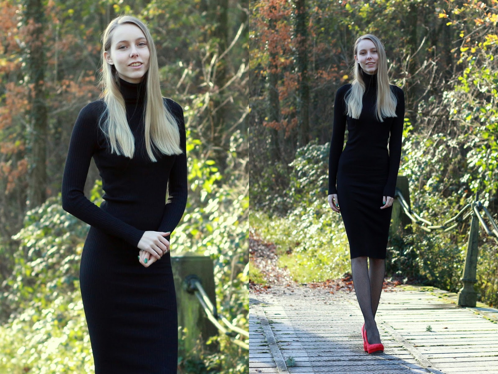 Appel & Ei zwarte midi jurkje halflange jurk winter feestdagen outfit rode pumps suede Sacha winterjurk