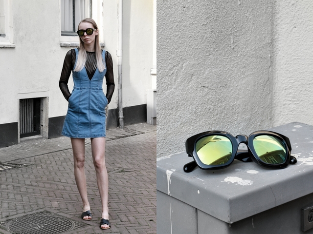 blogger outfit spijkerjurk denim salopette fishnet shirt zomer look