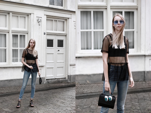 outfit doorschijnende mesh top met ruches en kat tas met pailletten ogen