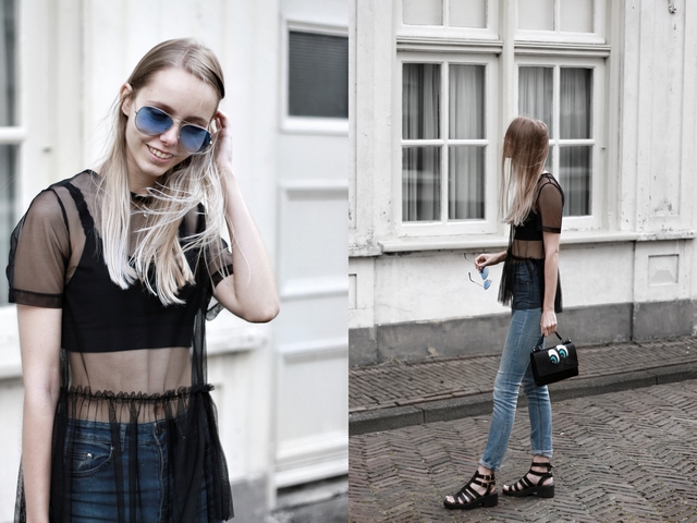 outfit doorschijnende mesh top met ruches en kat tas met pailletten ogen