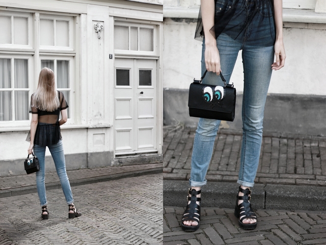 outfit doorschijnende mesh top met ruches en kat tas met pailletten ogen