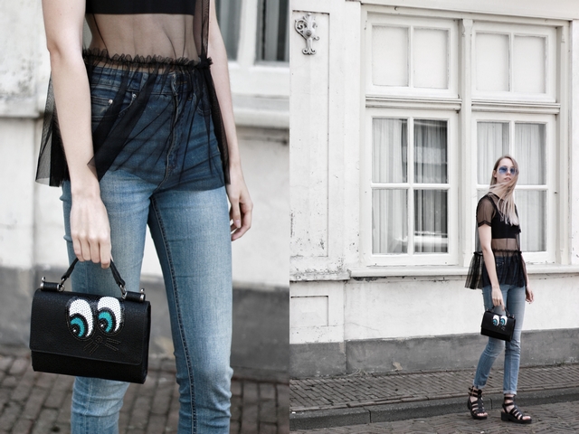 outfit doorschijnende mesh top met ruches en kat tas met pailletten ogen