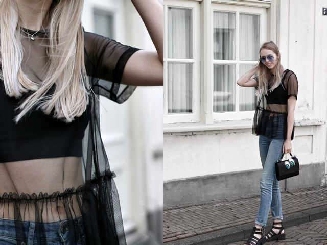 outfit doorschijnende mesh top met ruches en kat tas met pailletten ogen