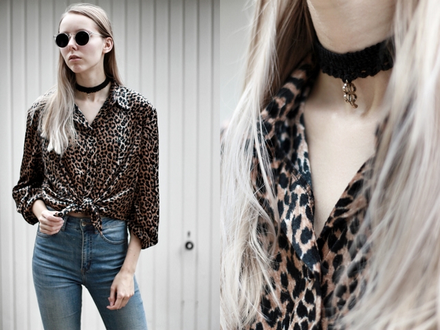 Outfit panter print vintage blouse gehaakte choker polette zonnebril