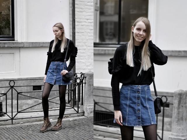 herfst outfit inspiratie spijkerrokje denim rok knoopjes trui ruches dr martens