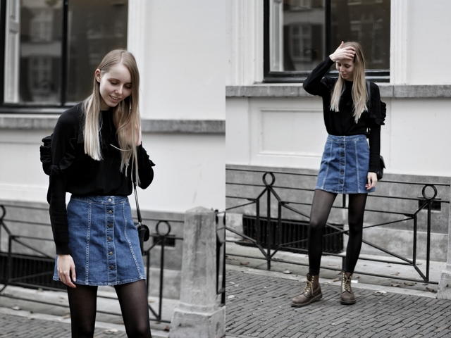 herfst outfit inspiratie spijkerrokje denim rok knoopjes trui ruches dr martens