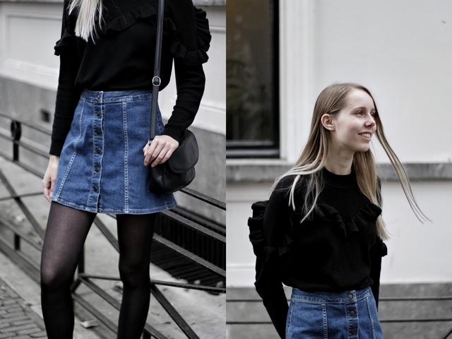 herfst outfit inspiratie spijkerrokje denim rok knoopjes trui ruches dr martens