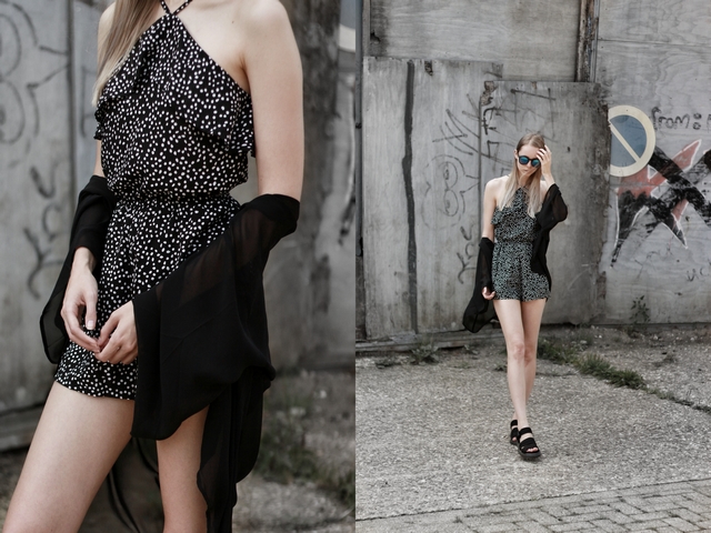 Make people stare outfit H&M playsuit stippen zwarte kimono dr martens sandalen