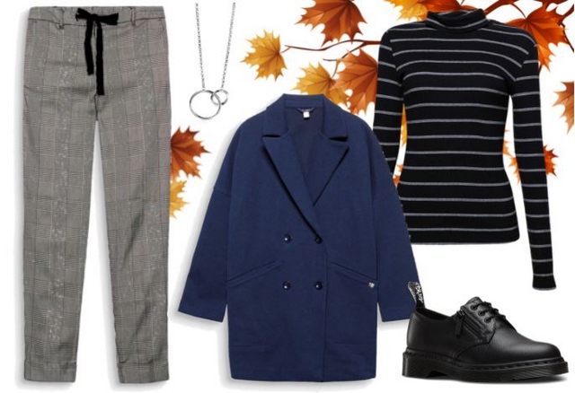 herfst outfit inspiratie ruitjes broek plaid pants geruite broek blauwe mantel streepjes turtleneck dr martens esprit zinzi blogger