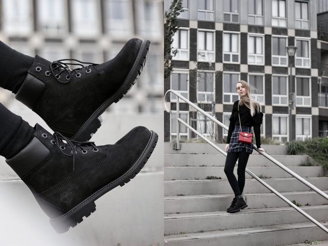 Make people stare zwarte Timberland boots etrias blogger outfit geruite rokje