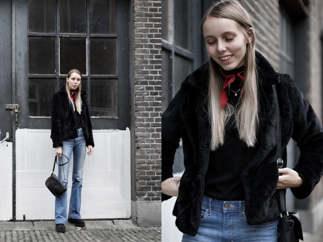 Tweedehands bont jas imitatiebont bootcut spijkerbroek blogger outfit trend 2017 streetstyle kleding