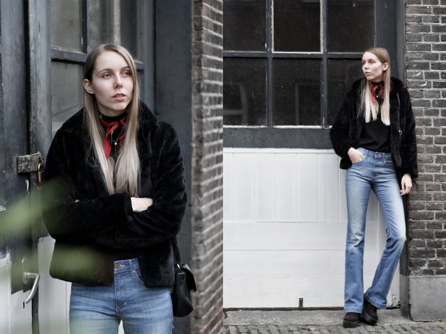 Tweedehands bont jas imitatiebont bootcut spijkerbroek blogger outfit trend 2017 streetstyle kleding