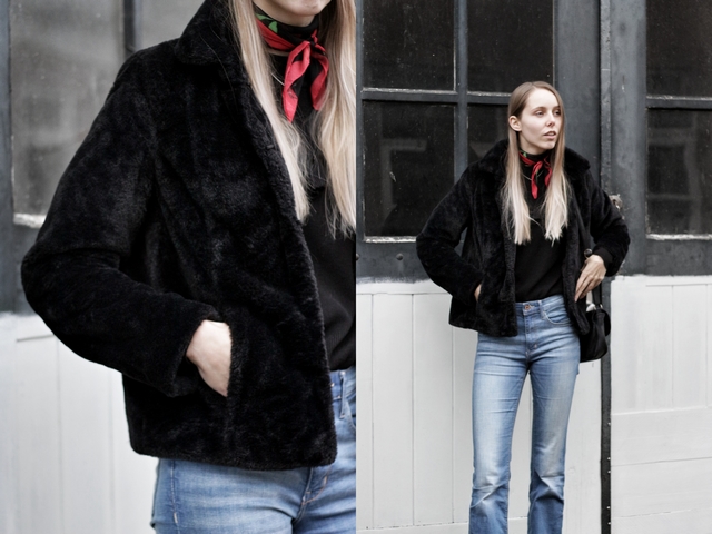 Tweedehands bont jas imitatiebont bootcut spijkerbroek blogger outfit trend 2017 streetstyle kleding