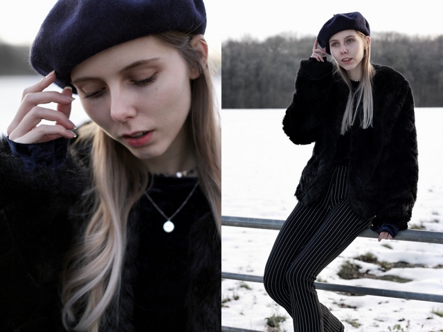 My Jewellery baret kettinkjes blogger winter outfit Make people stare imitatie bont jas flare broek