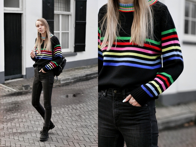 Outfit | Black rainbow sweater