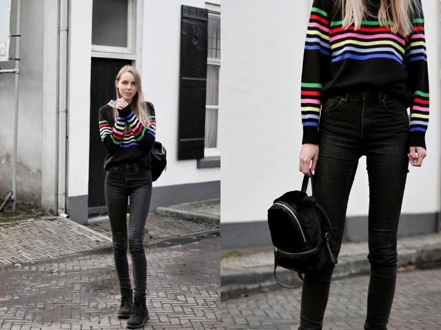 Make people stare zaful outfit trui regenboog strepen fluffy rugzak mini backpack stradivarius nederlandse fashion blogger