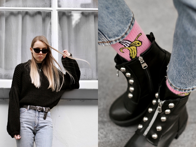 Outfit met grof gebreide trui en roze bananen sokken van Froufrou's Arnhem Monki spijkerbroek Polette zonnebril en Invito biker boots