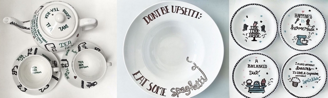Handgetekende borden theepot en kopjes door Sabina de Bleijser van Mugsterpiece. Blog make people stare