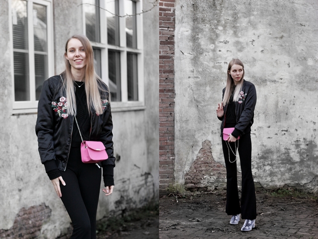 Fluwelen Primark enkellaarsjes roze shoeby tas zwarte bomber geborduurde bloemen blogger outfit Make people stare 