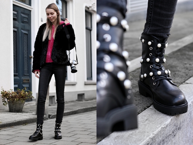 outfit met biker boots parel laarzen van Bullboxer Monki skinny jeans jas van imitatiebont en H&M roze hoodie