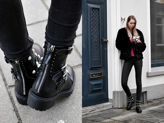 outfit met biker boots parel laarzen van Bullboxer Monki skinny jeans jas van imitatiebont en H&M roze hoodie