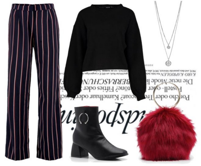 Outfit met Boohoo gestreepte broek cropped sweater,enkellaarsjes en tasje van imitatiebont