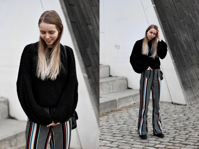 Outfit met gestreepte palazzo pants froufrou's gebreide trui zwarte timberland schoenen nederlandse mode blogger