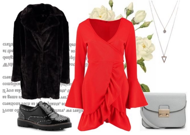 Outfit inspiratie rood jurkje lange faux fur jas grijze crossbody tas en veterschoen