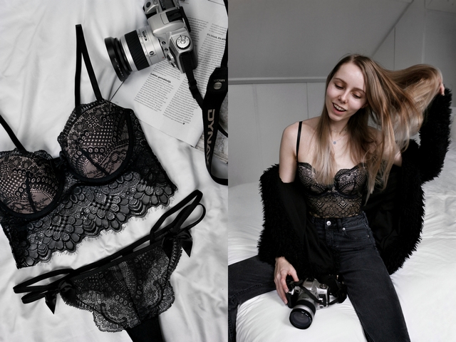 Zwarte kanten lingerie set van Hunkemöller met voorgevormde Azelea longline beugel bh en string Hunkemoller blogger