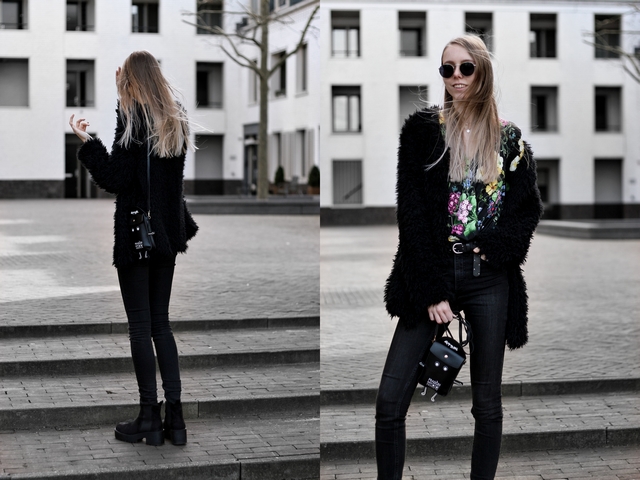 Outfit met zwarte Chiquelle body met bloemenprint monki skinny jeans froufrou's tasje polette dean zonnebril fluffy vest costes primark platform laarsjes