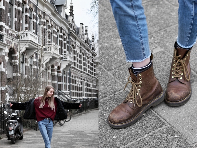 Outfit met tweekleurige Didi spijkerbroek bordeaux rode H&M trui zwarte bontjas en Dr martens Nijmegen