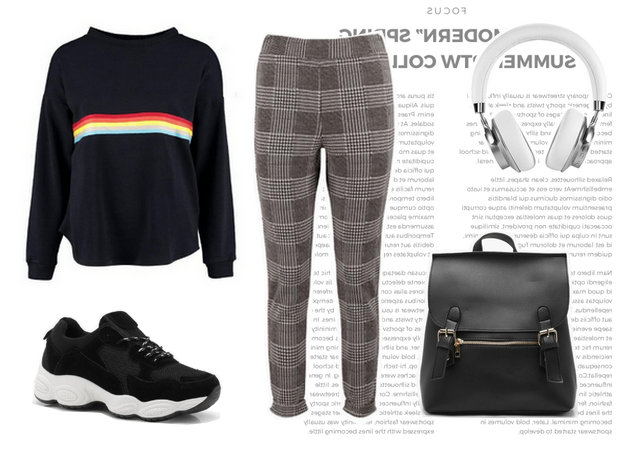 Outfit met grijze geruite broek comfortabele trui sweater zwarte dad sneakers nette rugzak River Island