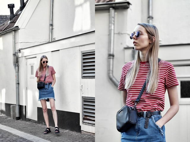 Outfit met rood gestreept shirt Forever21, Asos spijkerrok, Polette dean zonnebril, Dr. Martens Sandalen en C&A tas met dubbele rits