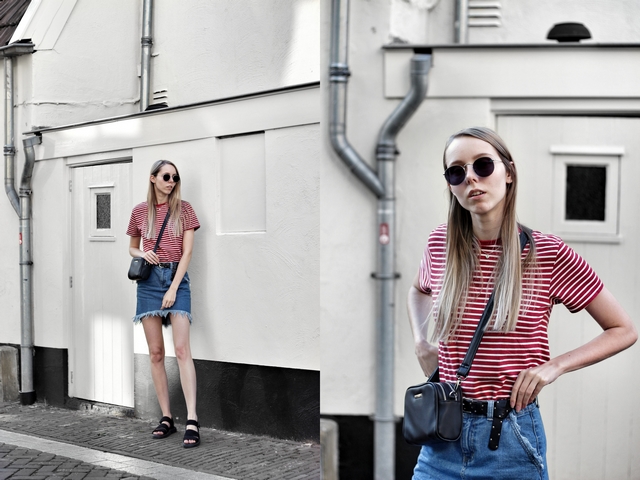 Outfit met rood gestreept shirt Forever21, Asos spijkerrok, Polette dean zonnebril, Dr. Martens Sandalen en C&A tas met dubbele rits