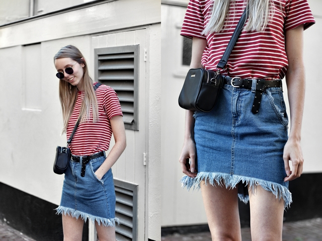 Outfit met rood gestreept shirt Forever21, Asos spijkerrok, Polette dean zonnebril, Dr. Martens Sandalen en C&A tas met dubbele rits