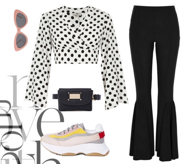 Make people stare outfit inspiratie crop top met polkadot print stippen shirt flare legging chunky sneakers met dikke plateauzool belt bag heuptasje en roze cat eye zonnebril