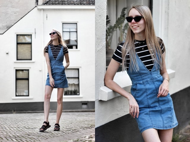 Outfit met h&m spijkerjurk zelfgemaakte slagletter armband primark shirt met strepen polette kathie zonnebril my jewellery kettingen en dr martens sandalen