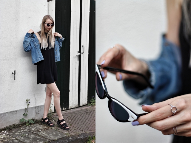 Outfit met retro Celine zonnebril van Polette minimalistische zilveren ringen Lucardi Juwelier Dr. Martens sandalen spijkerjas mode blogger