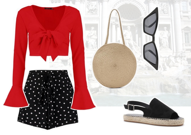 Want to wear zomer outfit met polka dot shorts rode strik top en ronde rotan rieten tas