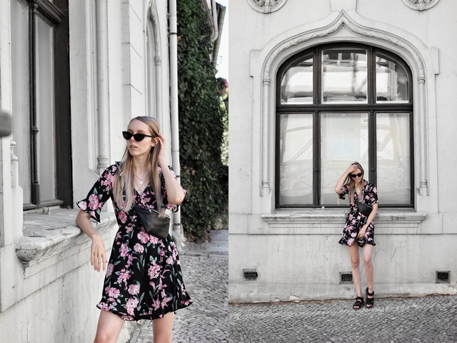 Outfit met zwarte My Jewellery wikkeljurk met roze bloemen polette cat eye zonnebril AliExpress buiktas bum bag chunky Dr. Martens sandalen mode blog